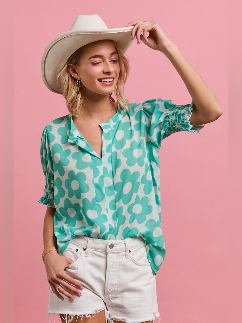 BiBi Flower Printed Woven Smocking Sleeves V Neck Top - Picture 3 of 5
